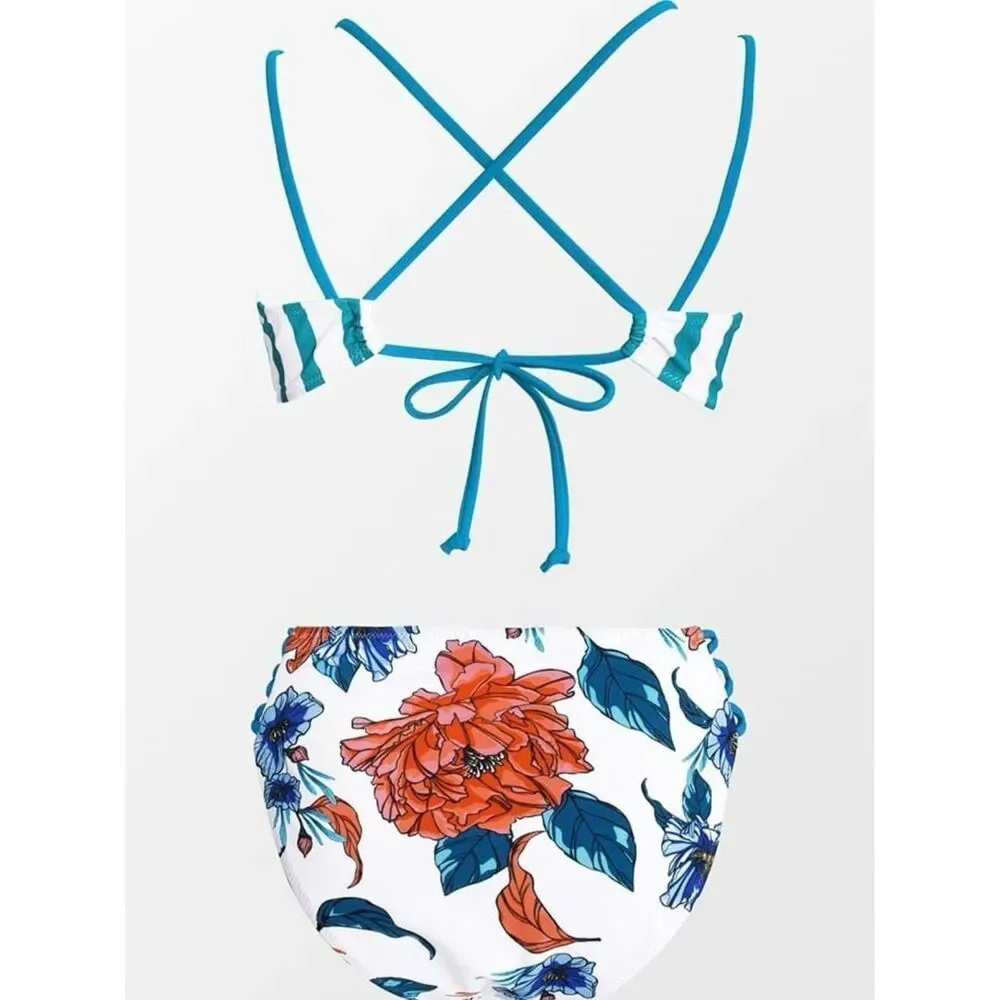 CUPSHE Stripe and Floral Strappy Bikini | Women’s Large | New With Tags